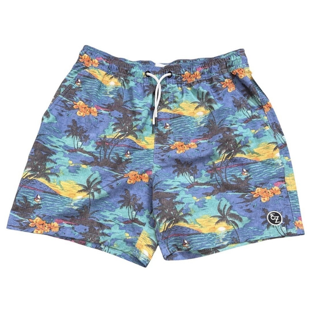 Ezekiel Tropical Sunset Palm Tree Print Stretch Swim Shorts Trunks Men's Size 32